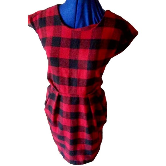 Vintage 90s buffalo plaid black & red checkered wool blend shift dress M - Picture 3 of 11
